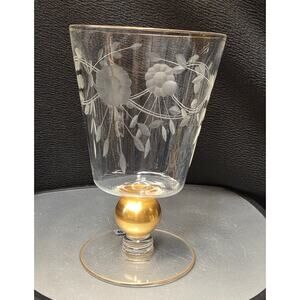 Vtg Stemware Etched Floral Goblet with Gold Ball Stem Clear Glass  Water Wine